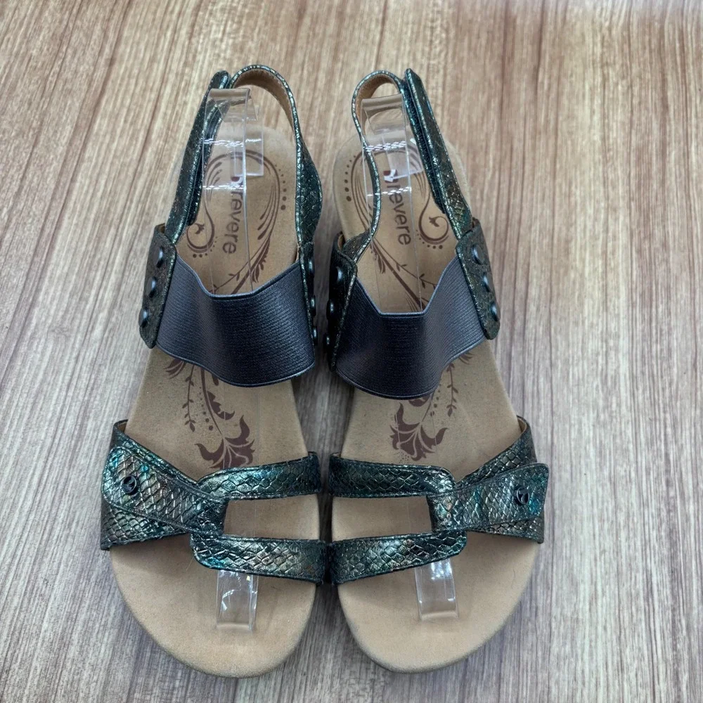 Revere Tahiti Wedge Sandals Peacock Python Womens 10 Metallic Leather Orthopedic